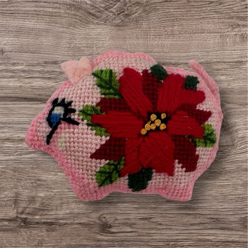 4” No Poisettia Pig needlepoint Christmas Ornament Crewel Pink